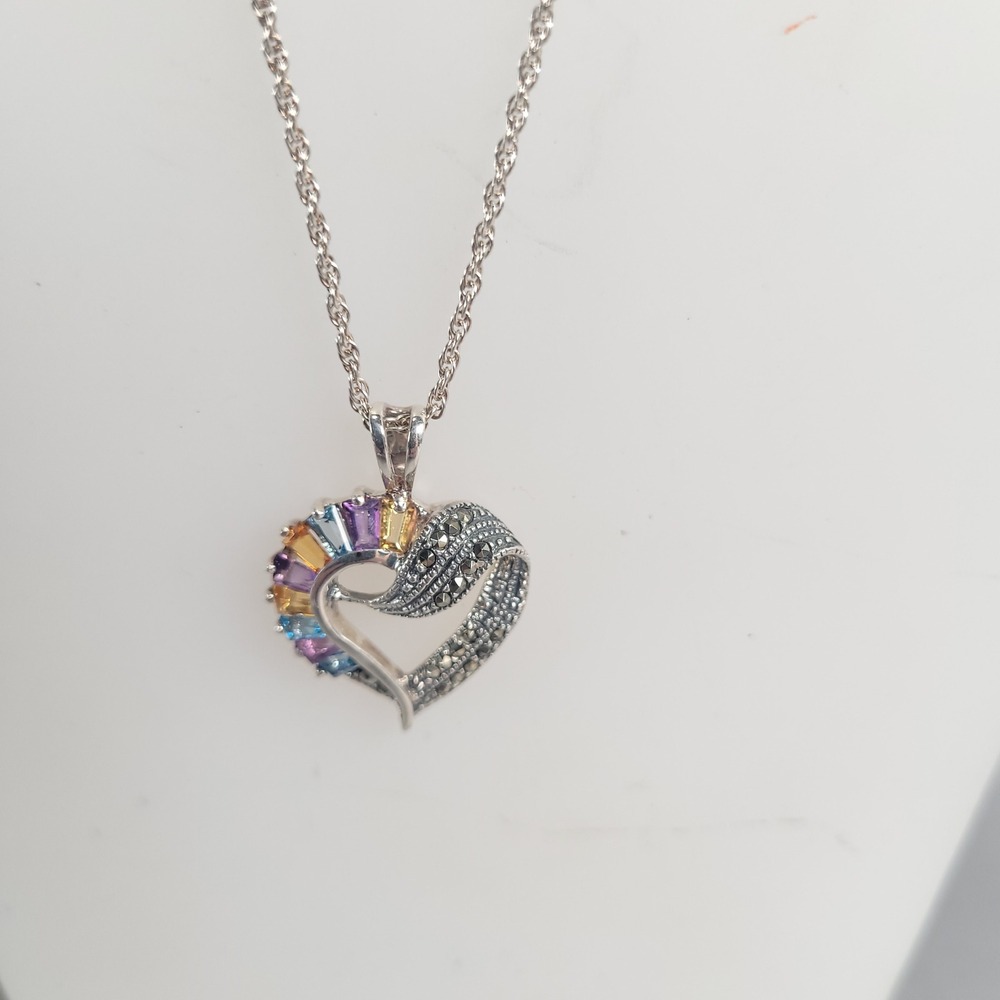 UDO Thai 925 Heart Pendant Necklace Sterling Silver Multi Gemstone‎ Marcasite